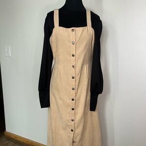 Tan Corduroy Button-Down Apron Jumper Dress w Mock Neck